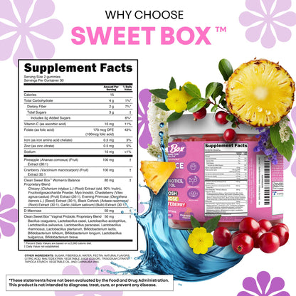 Clean Nutra Feminine Balance Gummies for Women Pineapple VaginalProbiotics pH Balance Cranberry D Mannose Supplement Inositol Black Cohosh Evening Primrose Garlic Vitex GLA Prebiotics Folate 60ct - Maple Wellness Supplements
