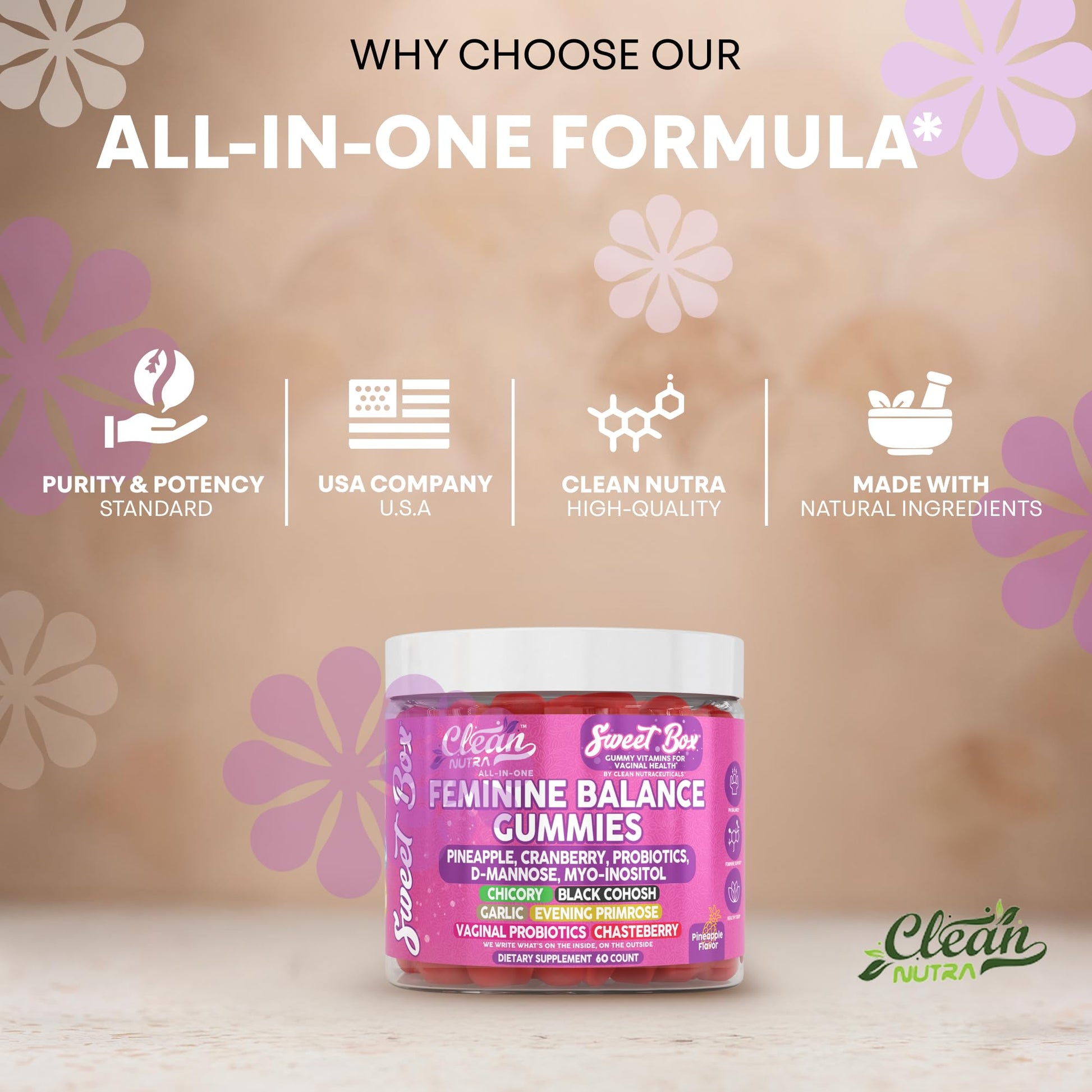 Clean Nutra Feminine Balance Gummies for Women Pineapple VaginalProbiotics pH Balance Cranberry D Mannose Supplement Inositol Black Cohosh Evening Primrose Garlic Vitex GLA Prebiotics Folate 60ct - Maple Wellness Supplements