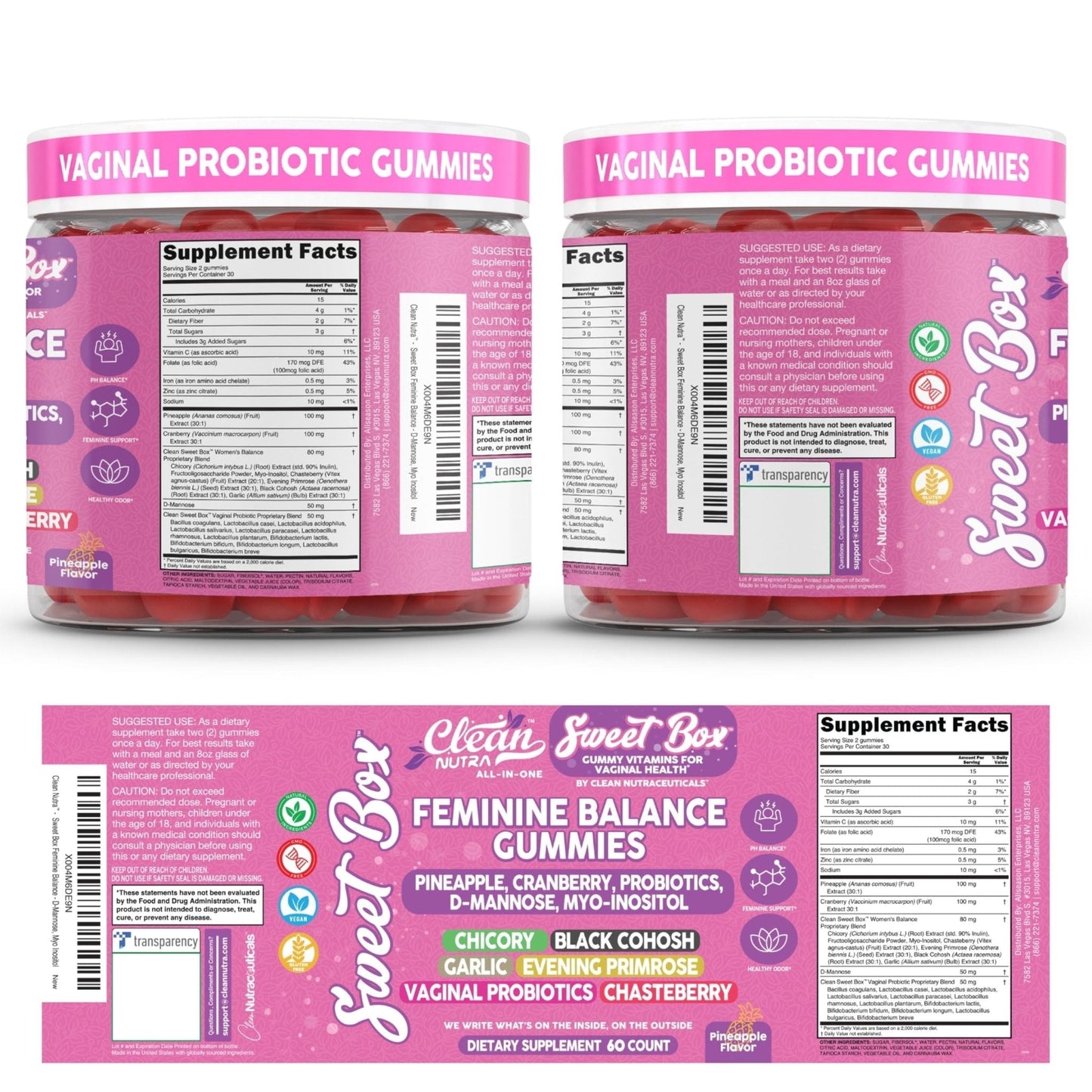 Clean Nutra Feminine Balance Gummies for Women Pineapple VaginalProbiotics pH Balance Cranberry D Mannose Supplement Inositol Black Cohosh Evening Primrose Garlic Vitex GLA Prebiotics Folate 60ct - Maple Wellness Supplements