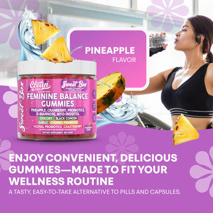 Clean Nutra Feminine Balance Gummies for Women Pineapple VaginalProbiotics pH Balance Cranberry D Mannose Supplement Inositol Black Cohosh Evening Primrose Garlic Vitex GLA Prebiotics Folate 60ct - Maple Wellness Supplements