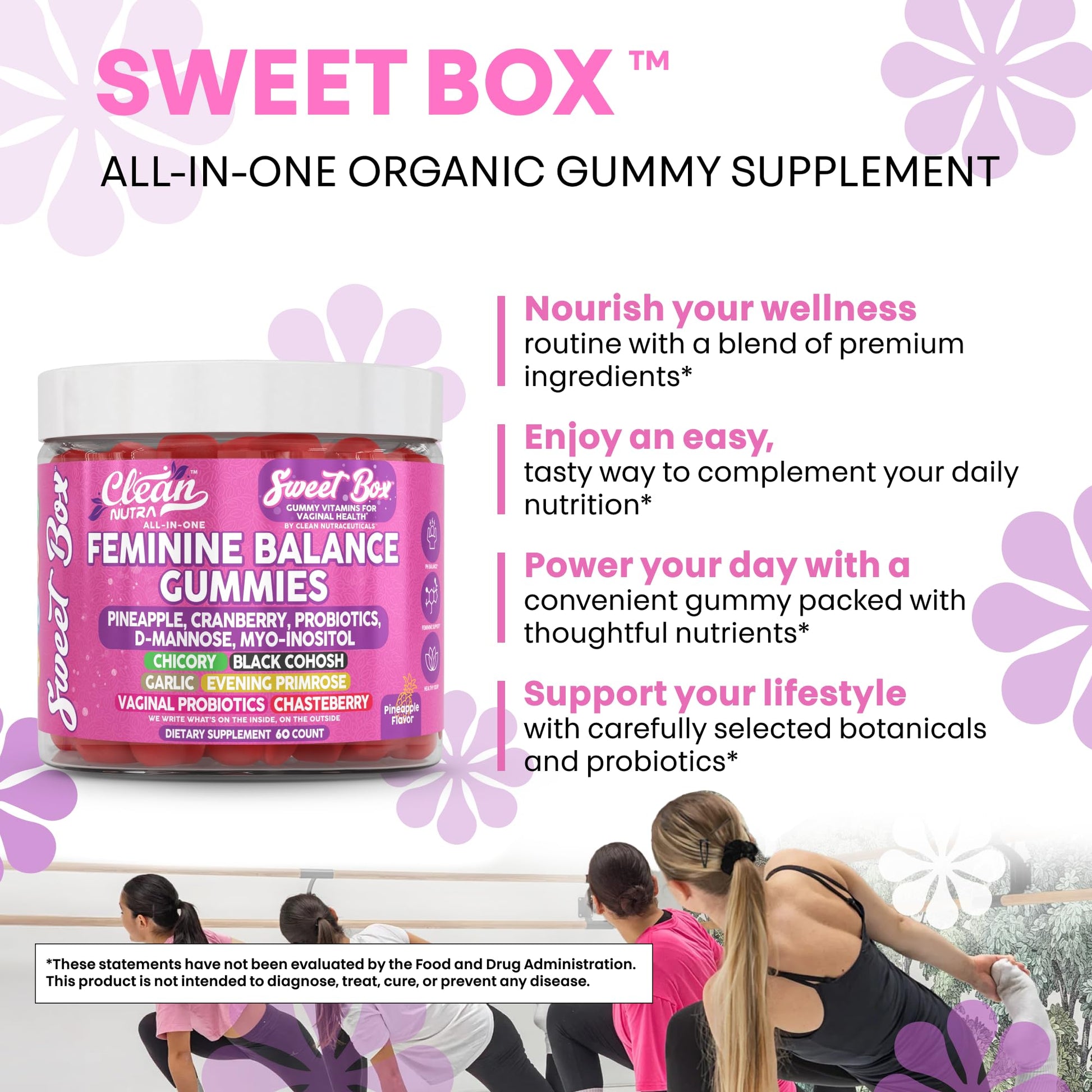 Clean Nutra Feminine Balance Gummies for Women Pineapple VaginalProbiotics pH Balance Cranberry D Mannose Supplement Inositol Black Cohosh Evening Primrose Garlic Vitex GLA Prebiotics Folate 60ct - Maple Wellness Supplements