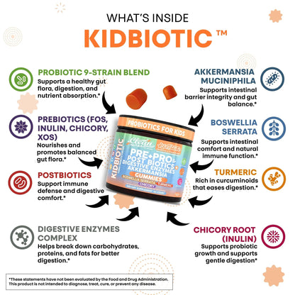 Clean Nutra Kids Probiotics Gummies with Prebiotics, Postbiotics, Digestive Enzymes, Akkermansia, Boswellia Serrata, Turmeric, Chicory – 60 Count – Plant-Based Supplement for Kids – PeachPop Flavor - Maple Wellness Supplements