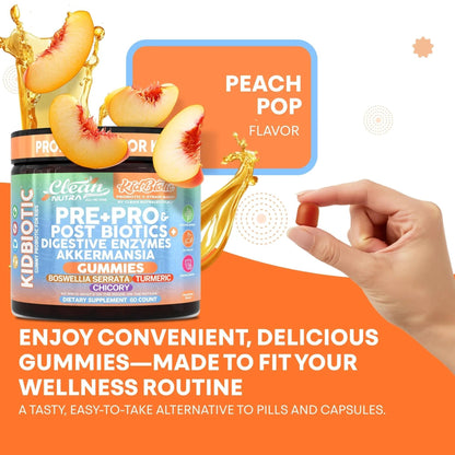Clean Nutra Kids Probiotics Gummies with Prebiotics, Postbiotics, Digestive Enzymes, Akkermansia, Boswellia Serrata, Turmeric, Chicory – 60 Count – Plant-Based Supplement for Kids – PeachPop Flavor - Maple Wellness Supplements