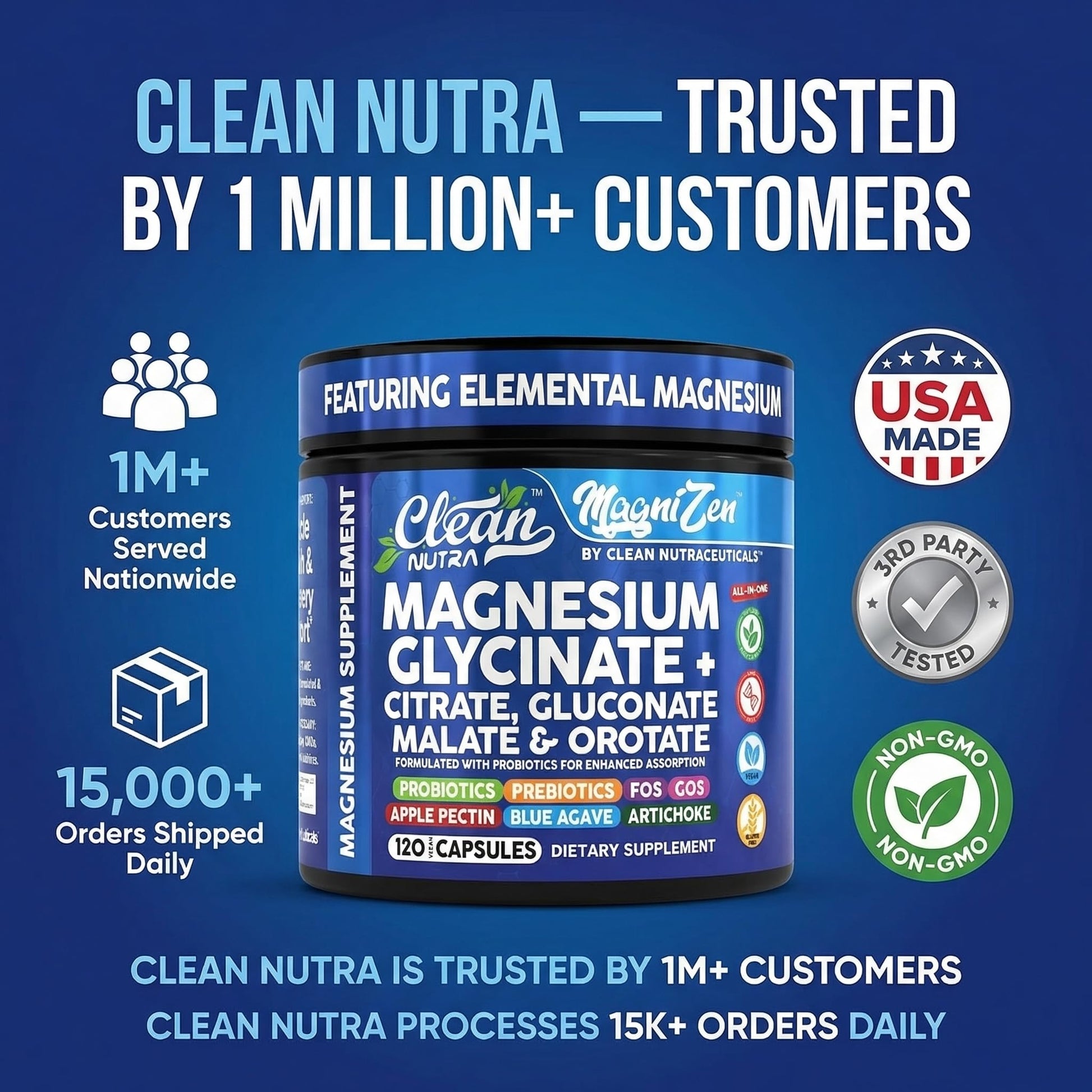 Clean Nutra Magnesium Glycinate Citrate Malate Orotate Taurate Supplement Complex + 10 Strain Probiotic Prebiotics FOS GOS Inulin Sleep Calm Support Apple Pectin – 120 Vegan Capsules - Maple Wellness Supplements