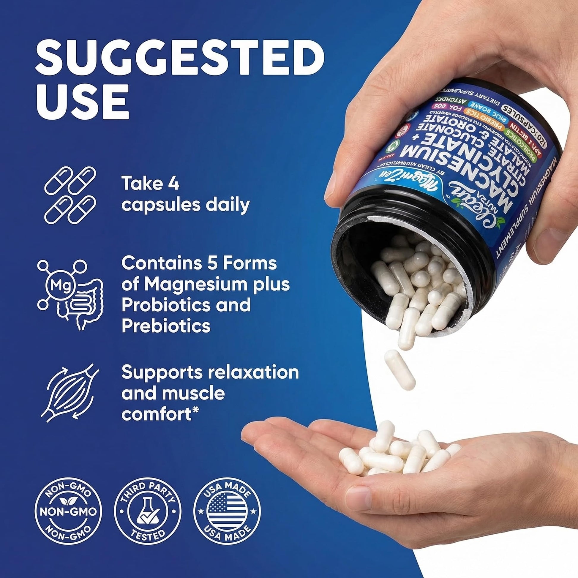 Clean Nutra Magnesium Glycinate Citrate Malate Orotate Taurate Supplement Complex + 10 Strain Probiotic Prebiotics FOS GOS Inulin Sleep Calm Support Apple Pectin – 120 Vegan Capsules - Maple Wellness Supplements