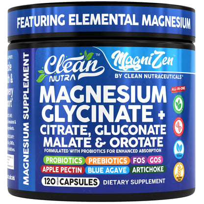 Clean Nutra Magnesium Glycinate Citrate Malate Orotate Taurate Supplement Complex + 10 Strain Probiotic Prebiotics FOS GOS Inulin Sleep Calm Support Apple Pectin – 120 Vegan Capsules - Maple Wellness Supplements