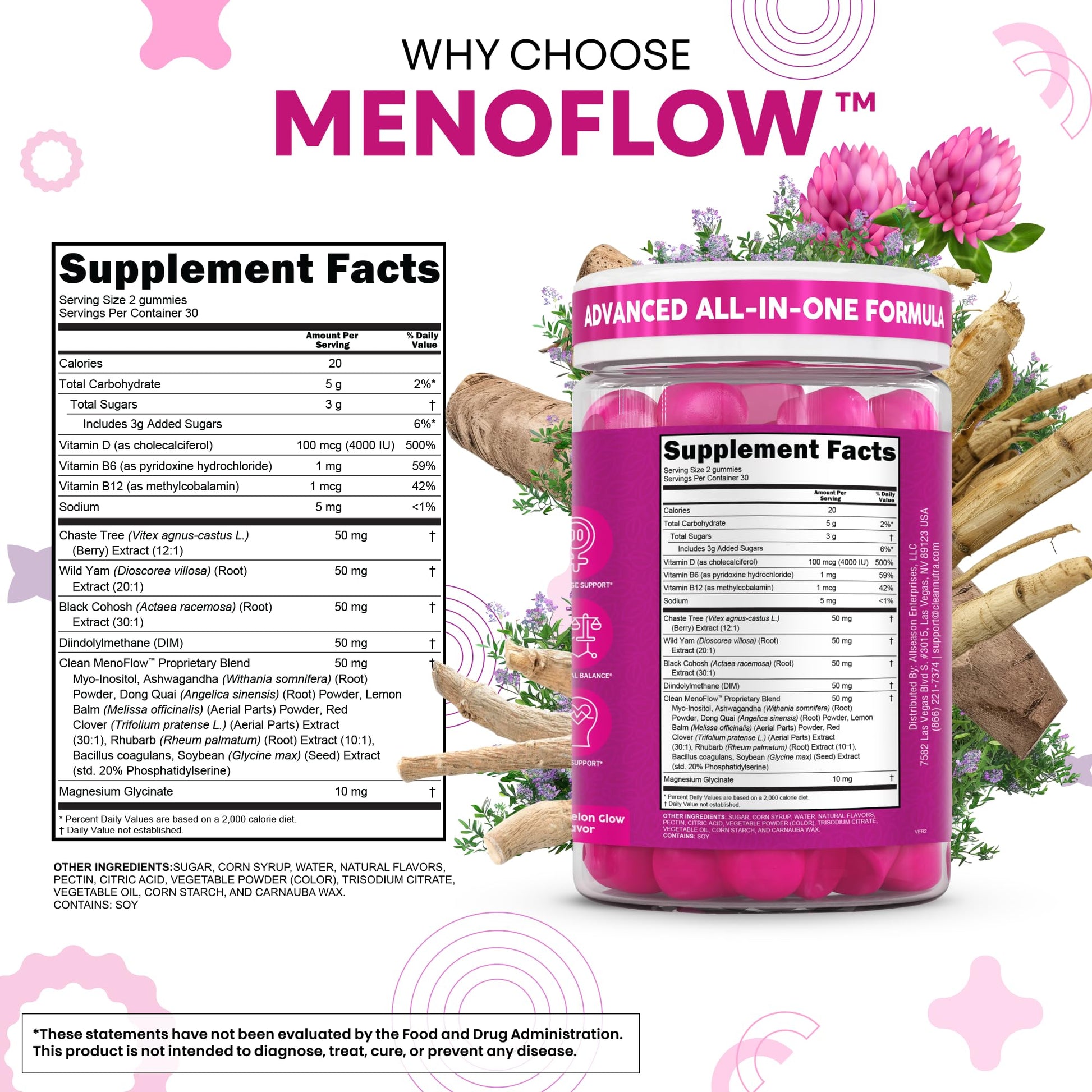 Clean Nutra Menopause Supplements for Women Chastberry Wild Yam Gummies Inositol Black Cohosh Magnesium Red Clover DIM Supplement B6 Magnesium Glycinate Glycine Vitex Hormone Balance Gummy Vitamins - Maple Wellness Supplements
