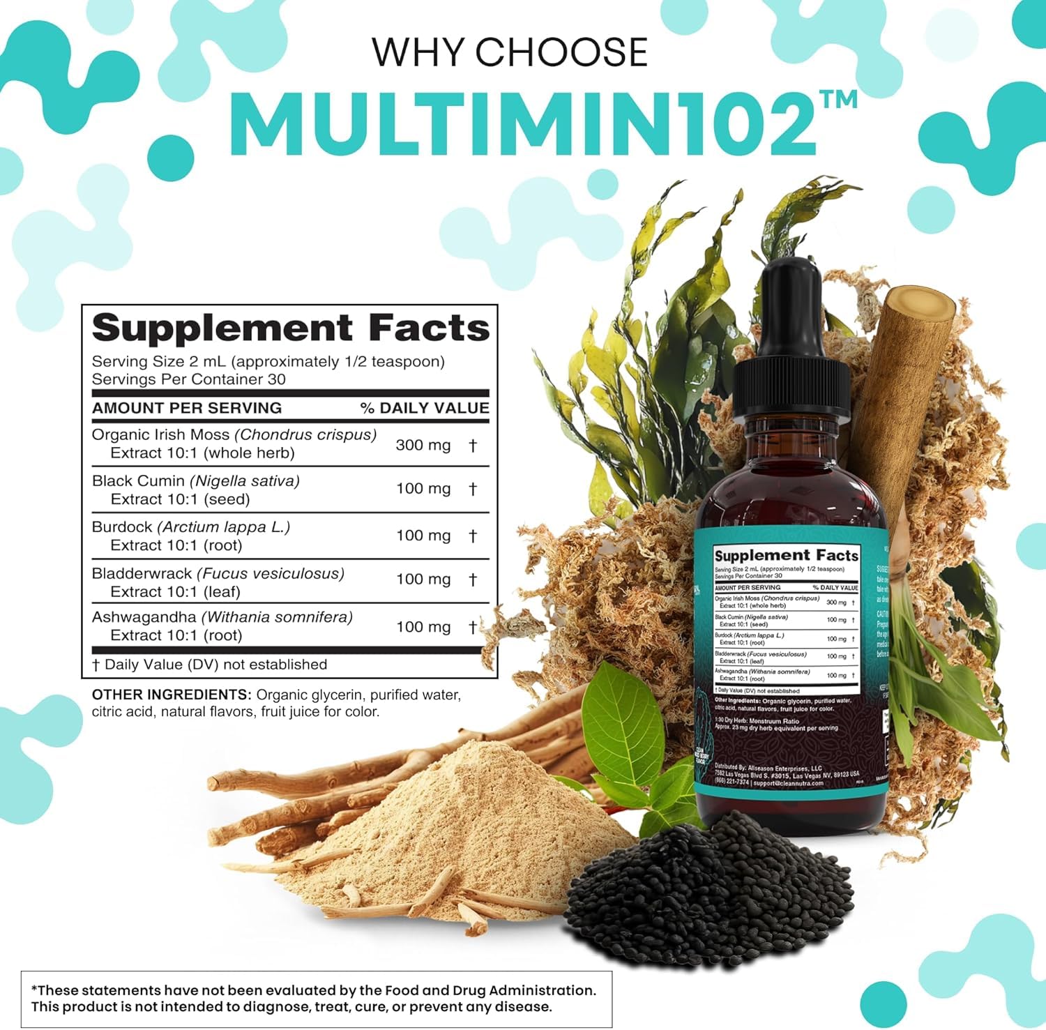 Clean Nutra Organic Sea Moss Drops Supplement | Black Seed Oil Irish Seamoss Ashwagandha Burdock Root & Bladderwrack - Multimineral Liquid Vegan - Maple Wellness Supplements