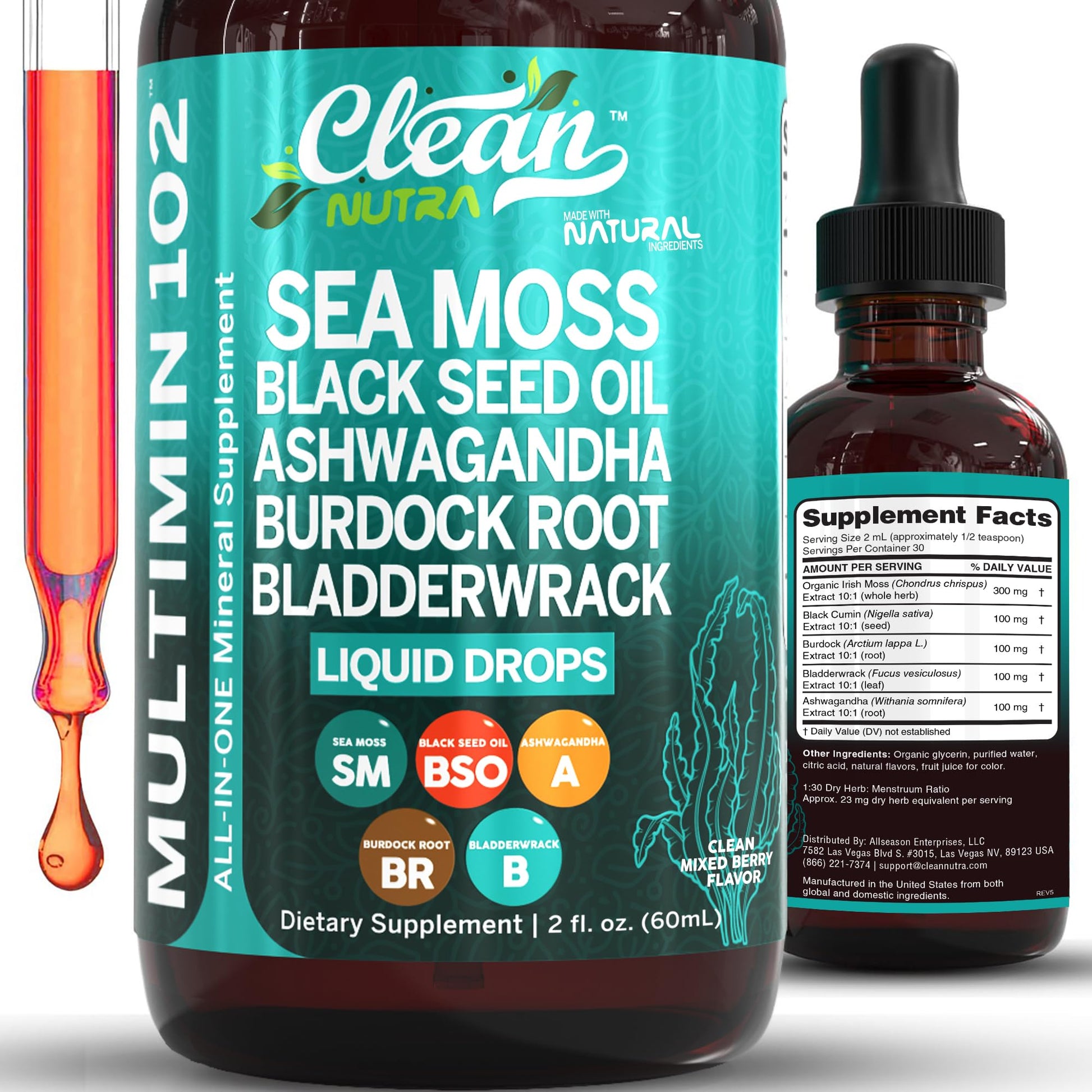 Clean Nutra Organic Sea Moss Drops Supplement | Black Seed Oil Irish Seamoss Ashwagandha Burdock Root & Bladderwrack - Multimineral Liquid Vegan - Maple Wellness Supplements