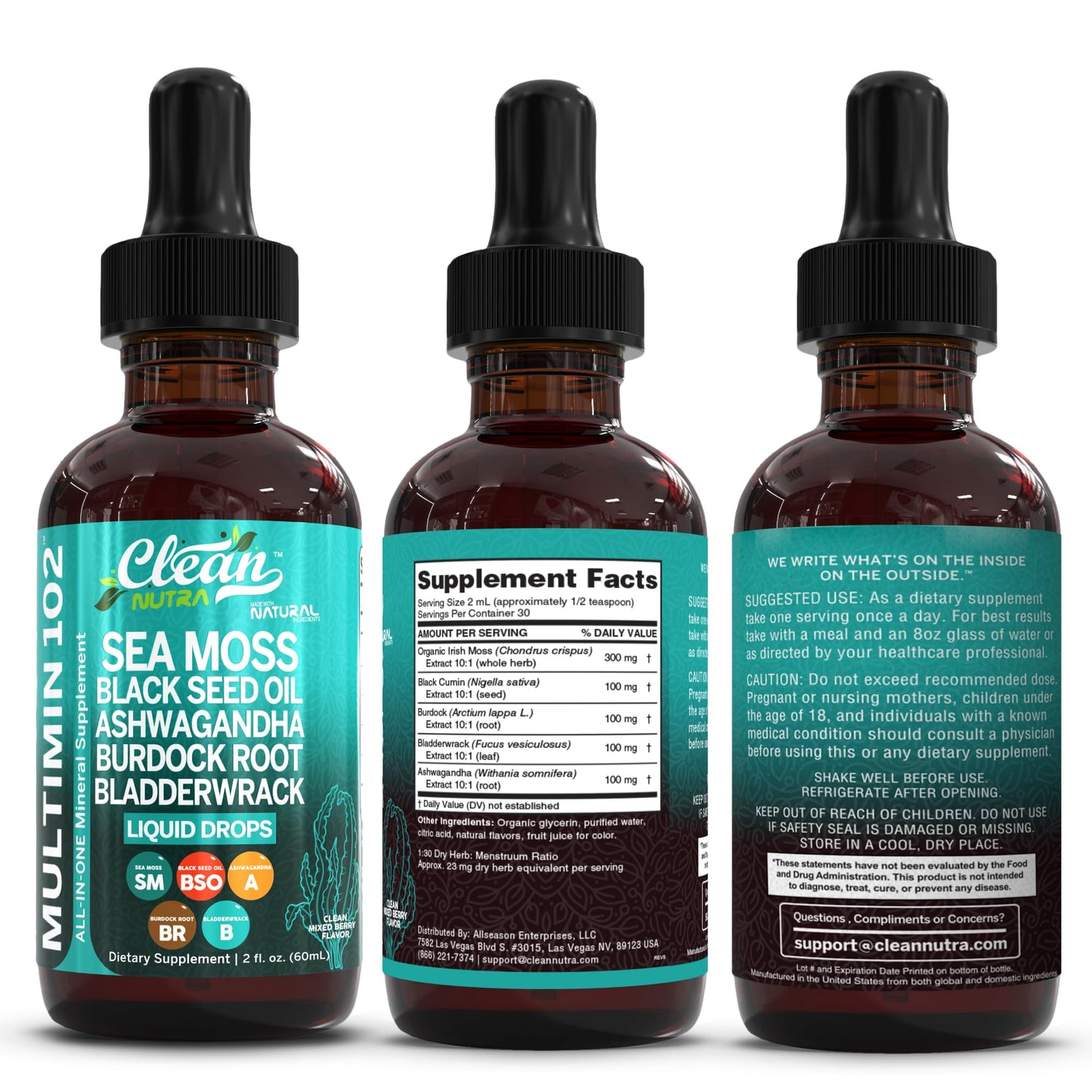 Clean Nutra Organic Sea Moss Drops Supplement | Black Seed Oil Irish Seamoss Ashwagandha Burdock Root & Bladderwrack - Multimineral Liquid Vegan - Maple Wellness Supplements