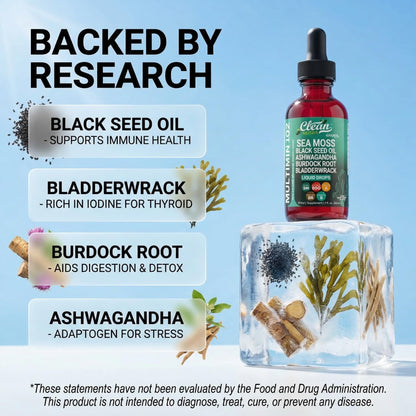 Clean Nutra Organic Sea Moss Drops Supplement | Black Seed Oil Irish Seamoss Ashwagandha Burdock Root & Bladderwrack - Multimineral Liquid Vegan - Maple Wellness Supplements