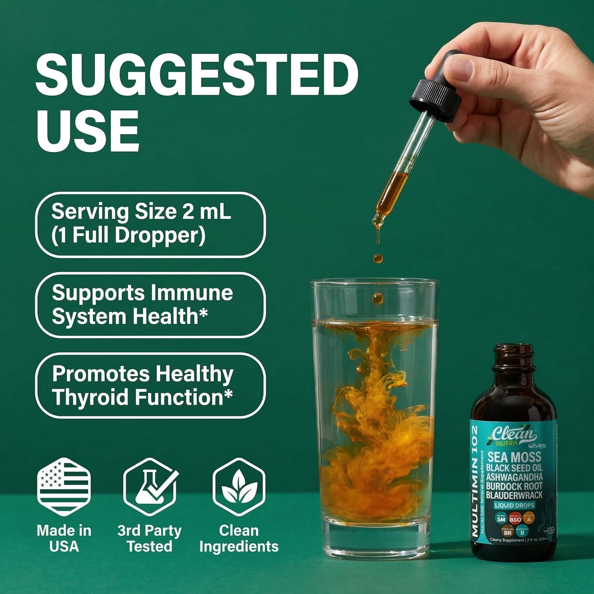 Clean Nutra Organic Sea Moss Drops Supplement | Black Seed Oil Irish Seamoss Ashwagandha Burdock Root & Bladderwrack - Multimineral Liquid Vegan - Maple Wellness Supplements