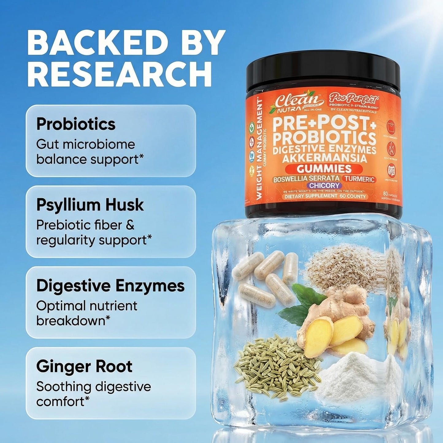 Clean Nutra Prebiotic Postbiotic Digestive Enzymes Gummies with Chicory Root, Boswellia Serrata, Turmeric, and Akkermansia | Pre+Post Probiotics Supplement - Maple Wellness Supplements