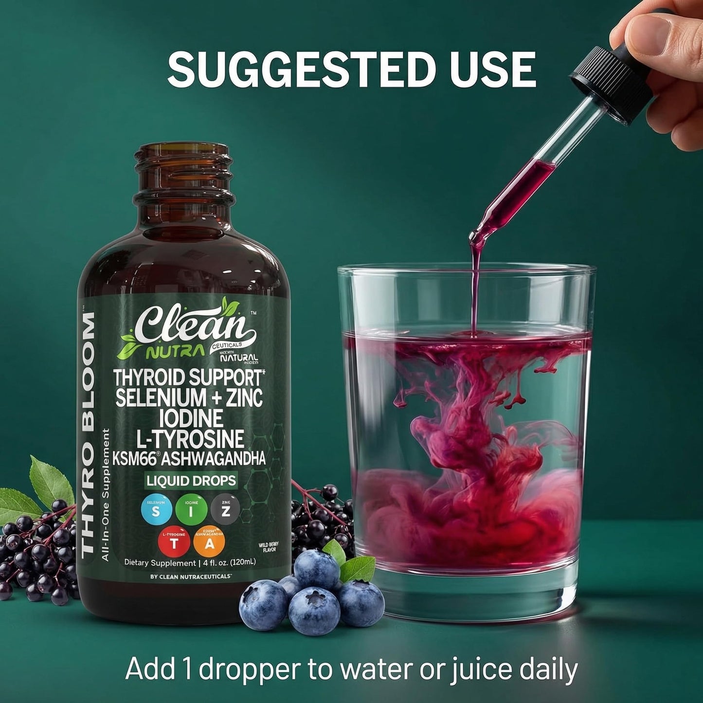 Clean Nutra Thyroid Support Drops Selenium Zinc Iodine L Tyrosine KSM66 Ashwagandha Vitamin D3 B12 A C Turmeric Kelp Schisandra Guggul Cayenne Basil Liquid Supplement Folate Copper Thyro Bloom Drop - Maple Wellness Supplements