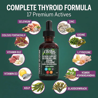 Clean Nutra Thyroid Support Drops Selenium Zinc Iodine L Tyrosine KSM66 Ashwagandha Vitamin D3 B12 A C Turmeric Kelp Schisandra Guggul Cayenne Basil Liquid Supplement Folate Copper Thyro Bloom Drop - Maple Wellness Supplements