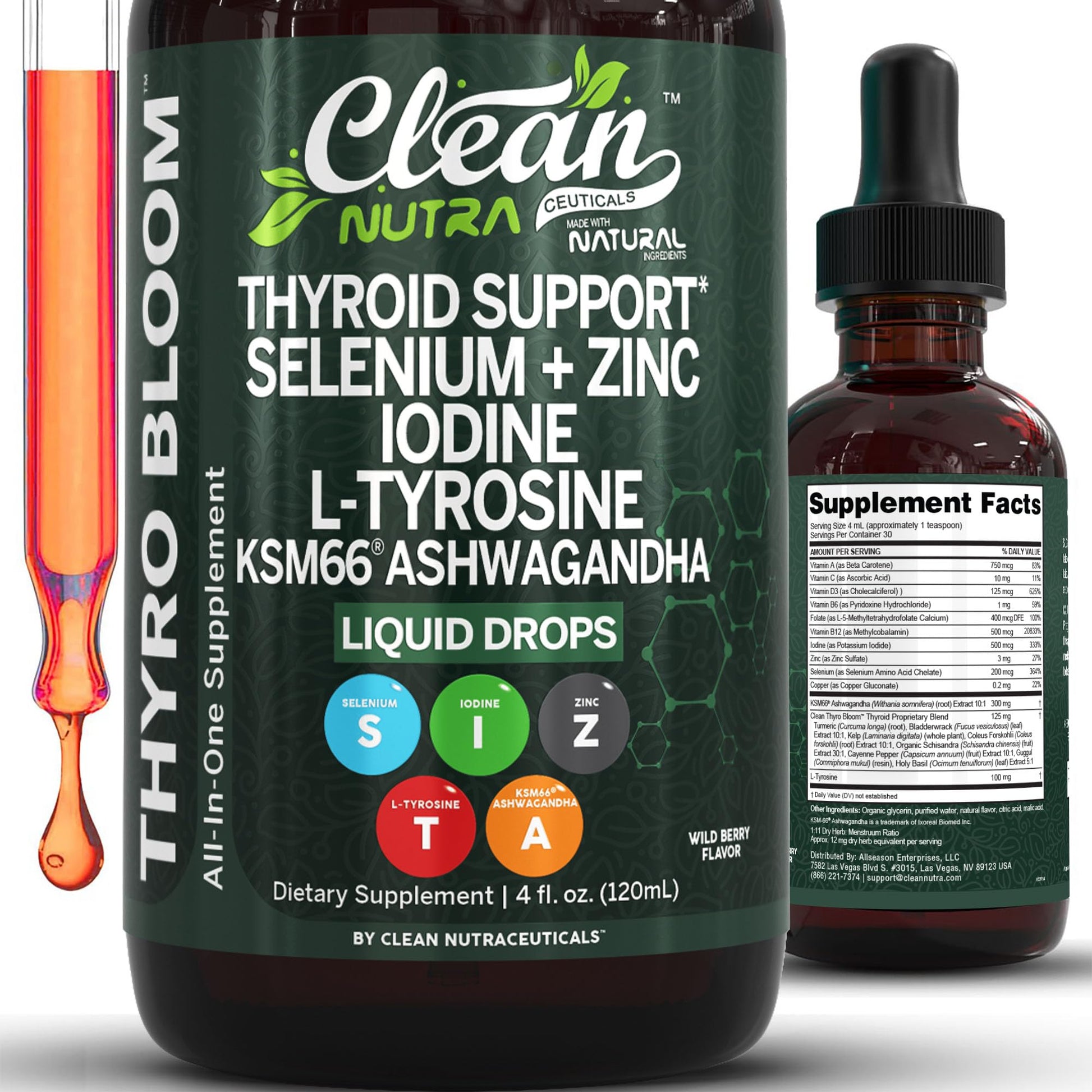 Clean Nutra Thyroid Support Drops Selenium Zinc Iodine L Tyrosine KSM66 Ashwagandha Vitamin D3 B12 A C Turmeric Kelp Schisandra Guggul Cayenne Basil Liquid Supplement Folate Copper Thyro Bloom Drop - Maple Wellness Supplements