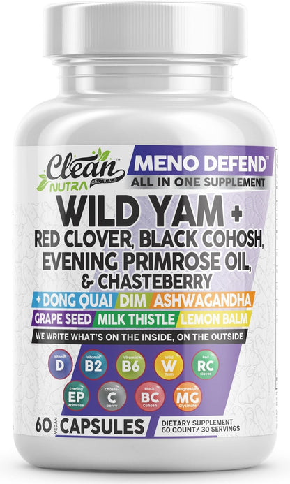 Clean Nutra Wild Yam Root Capsules with Red Clover Black Cohosh Evening Primrose Oil Chasteberry Dong Quai DIM Ashwagandha Grape Seed Extract Milk Thistle Lemon Balm - Maple Wellness Supplements