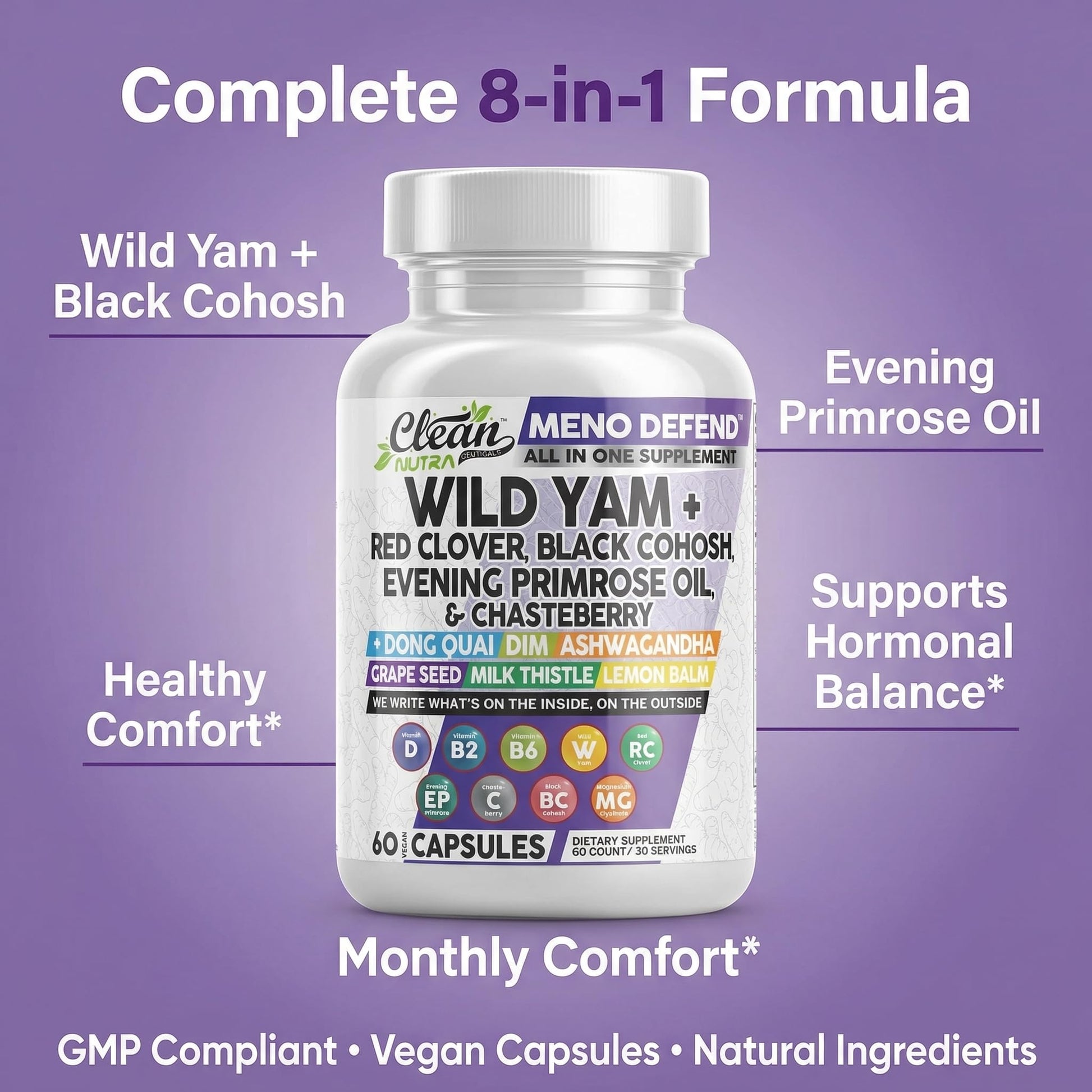 Clean Nutra Wild Yam Root Capsules with Red Clover Black Cohosh Evening Primrose Oil Chasteberry Dong Quai DIM Ashwagandha Grape Seed Extract Milk Thistle Lemon Balm - Maple Wellness Supplements