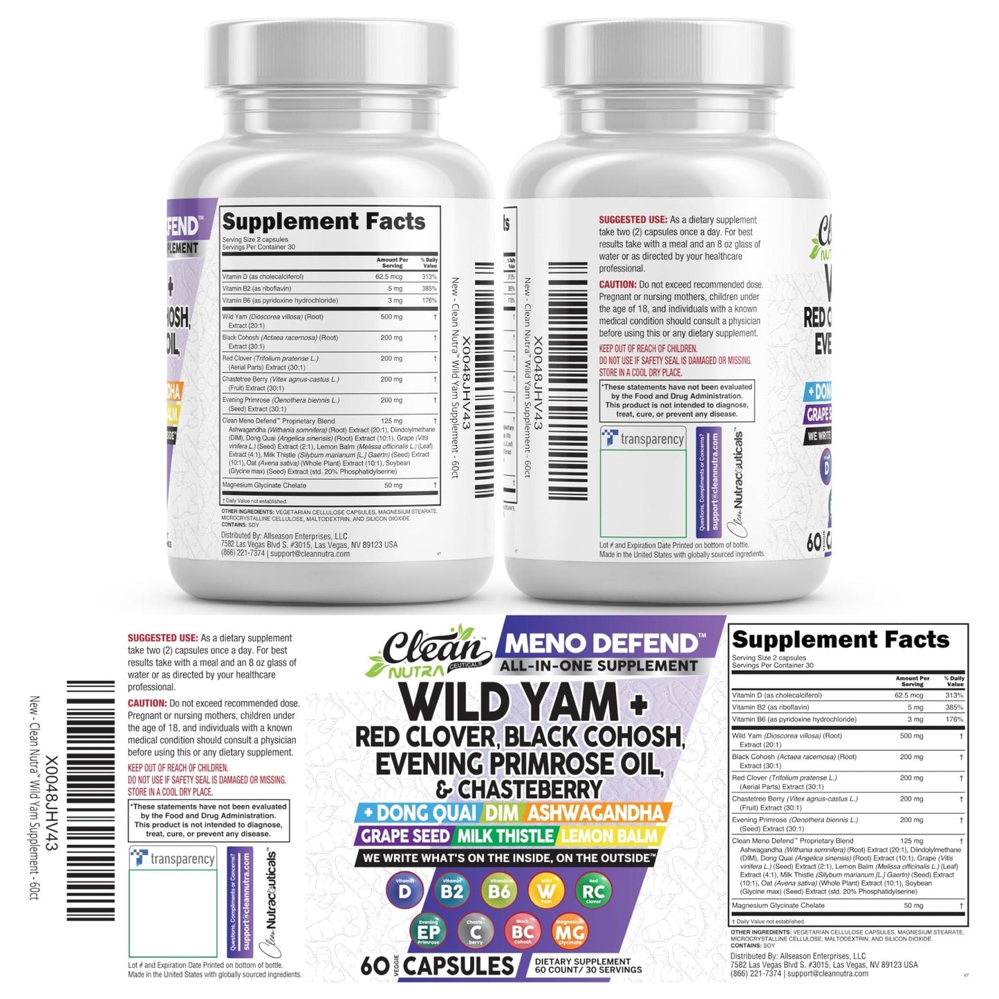 Clean Nutra Wild Yam Root Capsules with Red Clover Black Cohosh Evening Primrose Oil Chasteberry Dong Quai DIM Ashwagandha Grape Seed Extract Milk Thistle Lemon Balm - Maple Wellness Supplements