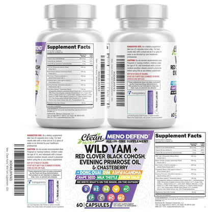 Clean Nutra Wild Yam Root Capsules with Red Clover Black Cohosh Evening Primrose Oil Chasteberry Dong Quai DIM Ashwagandha Grape Seed Extract Milk Thistle Lemon Balm - Maple Wellness Supplements