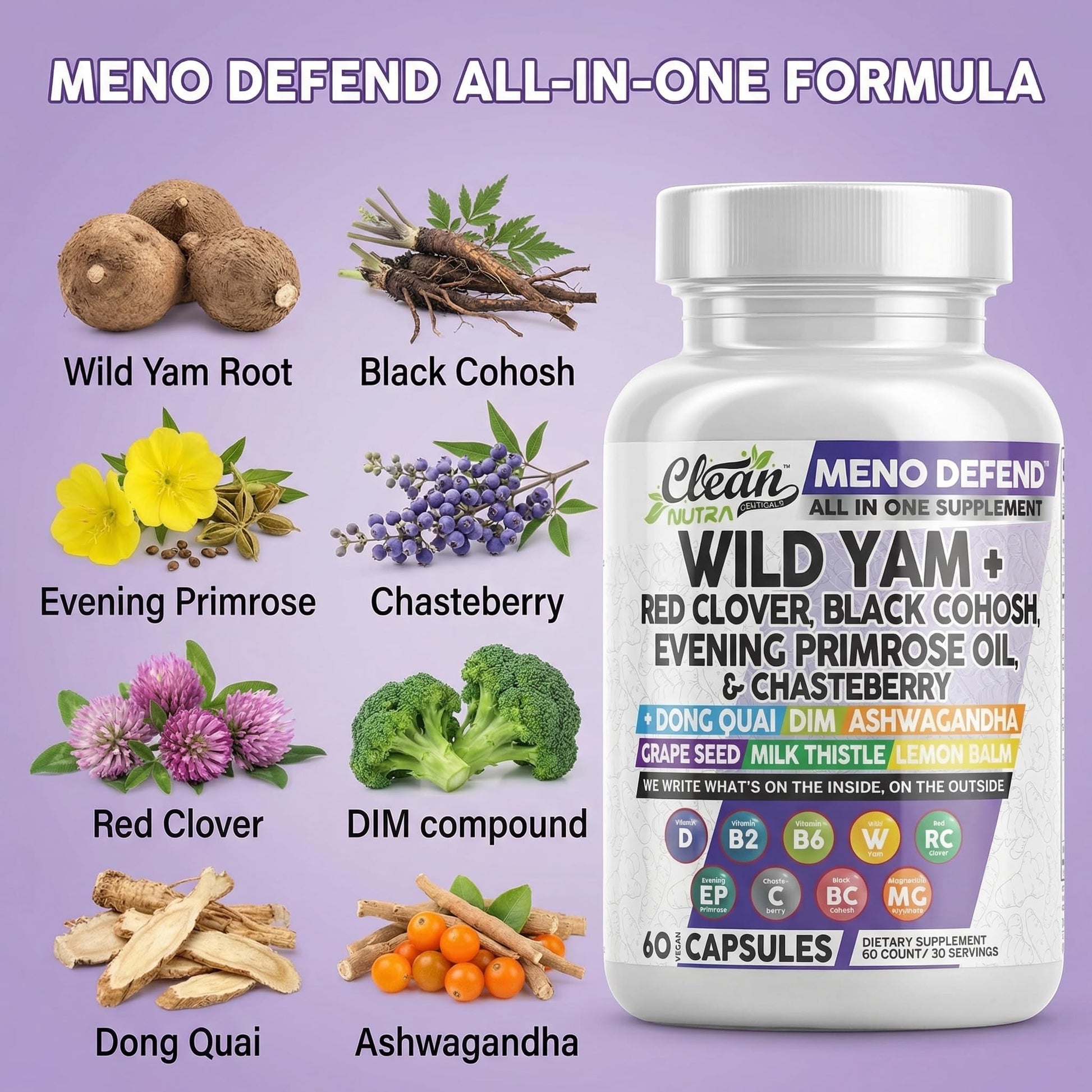 Clean Nutra Wild Yam Root Capsules with Red Clover Black Cohosh Evening Primrose Oil Chasteberry Dong Quai DIM Ashwagandha Grape Seed Extract Milk Thistle Lemon Balm - Maple Wellness Supplements