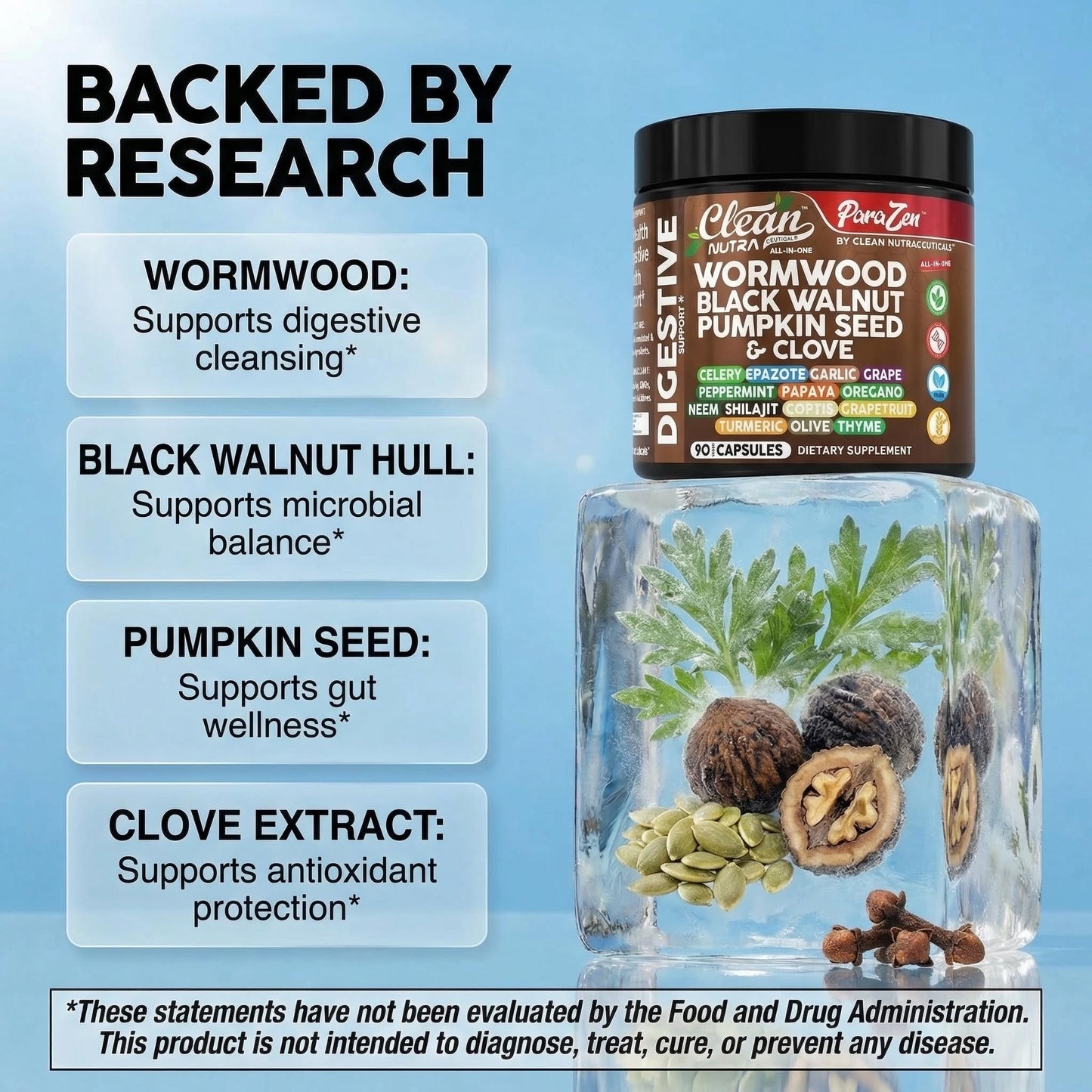 Clean Nutra Wormwood Black Walnut Pumpkin Seed Clove Oil Celery Garlic Grape Papaya Neem Diatomaceous Earth Womens Probiotic Gut Health Cleanse Detox Oregano - Maple Wellness Supplements