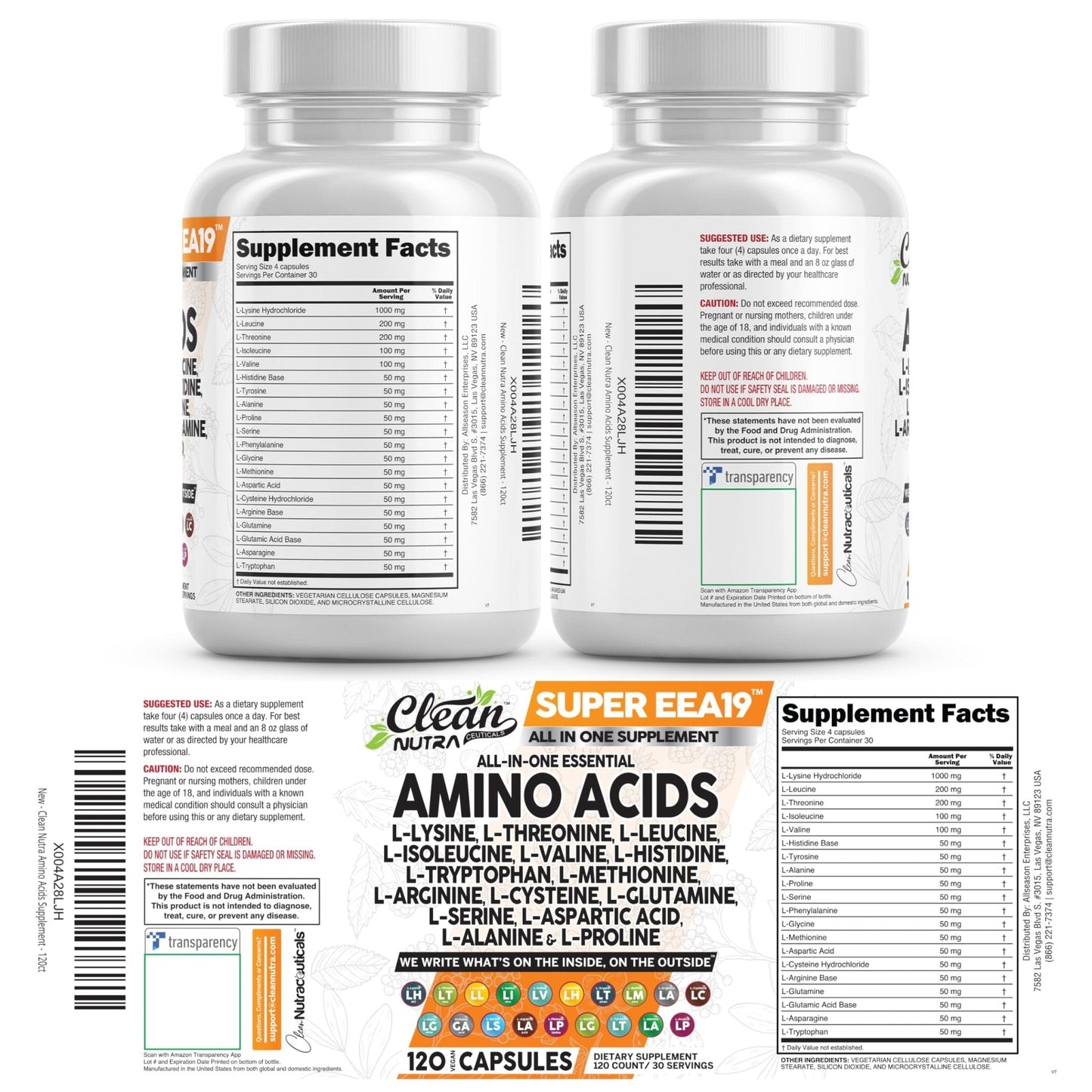 Clean Nutraceuticals Amino Acids Supplement L-Lysine, L-Threonine, L-Leucine, Isoleucine, Valine, L-Histidine, L-Tryptophan, L-Methionine, L-Arginine, L-Cysteine, - Maple Wellness Supplements