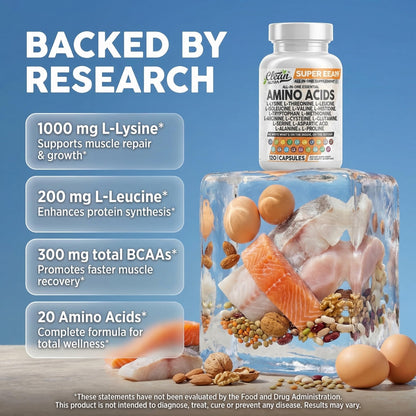 Clean Nutraceuticals Amino Acids Supplement L-Lysine, L-Threonine, L-Leucine, Isoleucine, Valine, L-Histidine, L-Tryptophan, L-Methionine, L-Arginine, L-Cysteine, - Maple Wellness Supplements