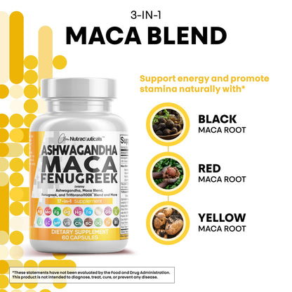 Clean Nutraceuticals Ashwagandha Maca Root Fenugreek Supplement with Tongkat Ali Ginseng - Assists with Stress, Mood & Thyroid - Ashwagandha Capsules Fenugreek Caps - 1 Pack - Maple Wellness Supplements