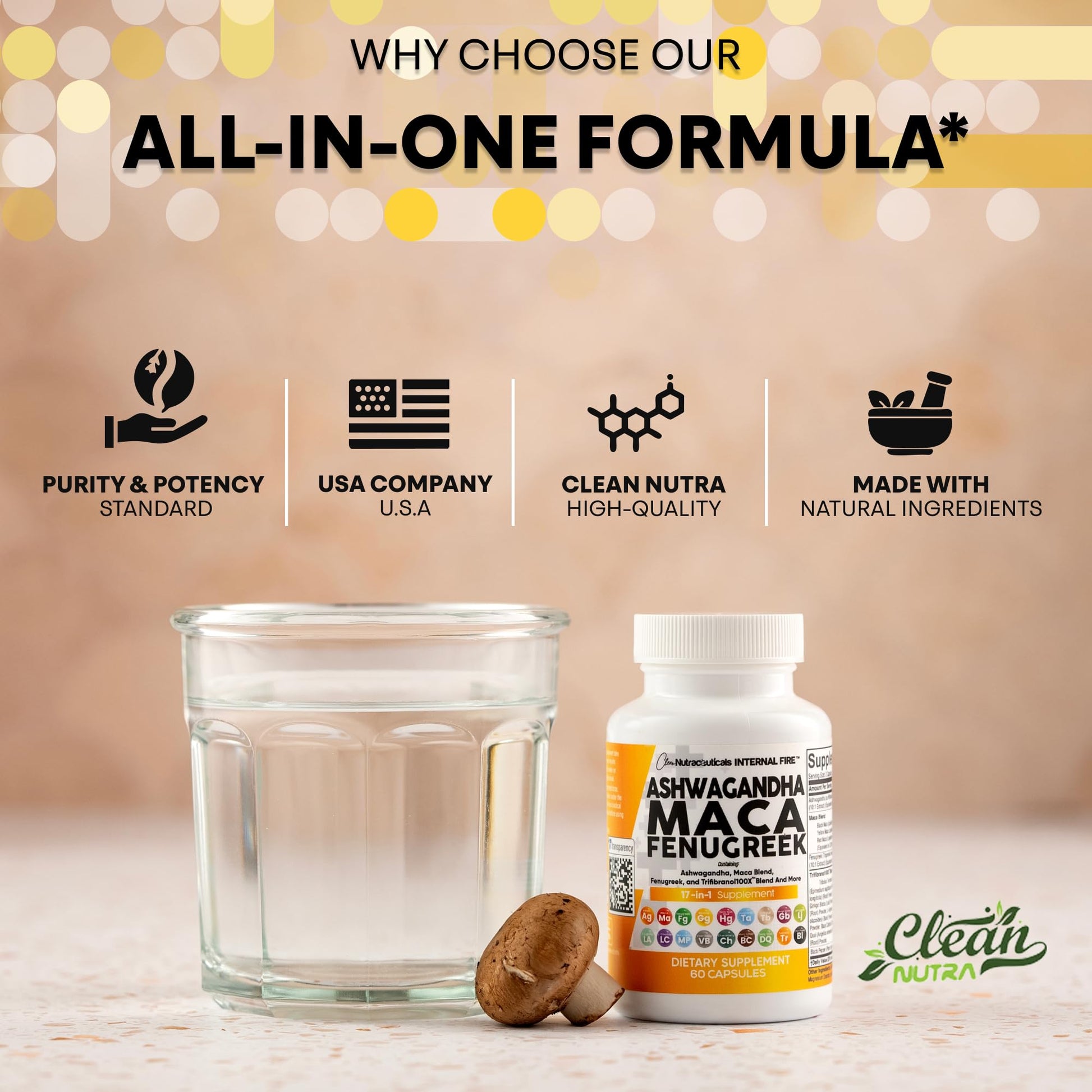Clean Nutraceuticals Ashwagandha Maca Root Fenugreek Supplement with Tongkat Ali Ginseng - Assists with Stress, Mood & Thyroid - Ashwagandha Capsules Fenugreek Caps - 1 Pack - Maple Wellness Supplements