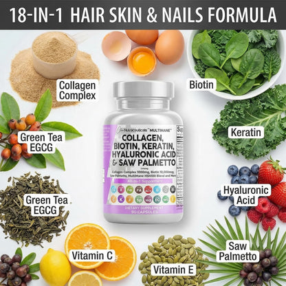 Clean Nutraceuticals Collagen Pills 1000mg Biotin 10000mcg Keratin Saw Palmetto Hyaluronic Acid - Hair Skin & Nails Vitamins & DHT Blocker with Vitamin E Folic Acid - Maple Wellness Supplements