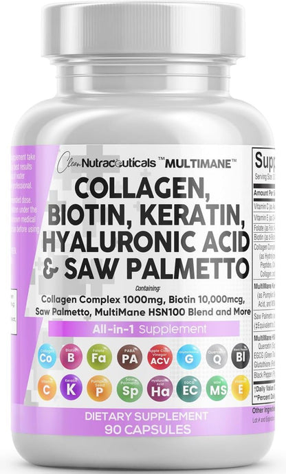 Clean Nutraceuticals Collagen Pills 1000mg Biotin 10000mcg Keratin Saw Palmetto Hyaluronic Acid - Hair Skin & Nails Vitamins & DHT Blocker with Vitamin E Folic Acid - Maple Wellness Supplements