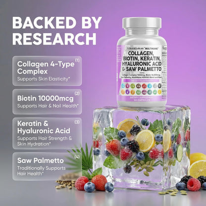 Clean Nutraceuticals Collagen Pills 1000mg Biotin 10000mcg Keratin Saw Palmetto Hyaluronic Acid - Hair Skin & Nails Vitamins & DHT Blocker with Vitamin E Folic Acid - Maple Wellness Supplements