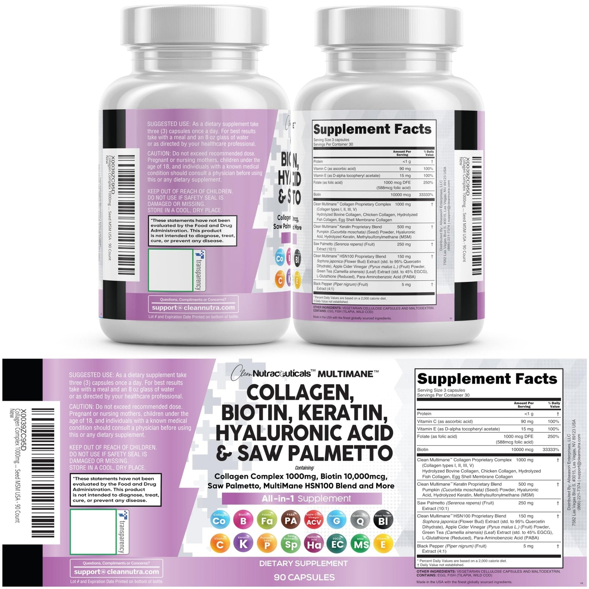 Clean Nutraceuticals Collagen Pills 1000mg Biotin 10000mcg Keratin Saw Palmetto Hyaluronic Acid - Hair Skin & Nails Vitamins & DHT Blocker with Vitamin E Folic Acid - Maple Wellness Supplements
