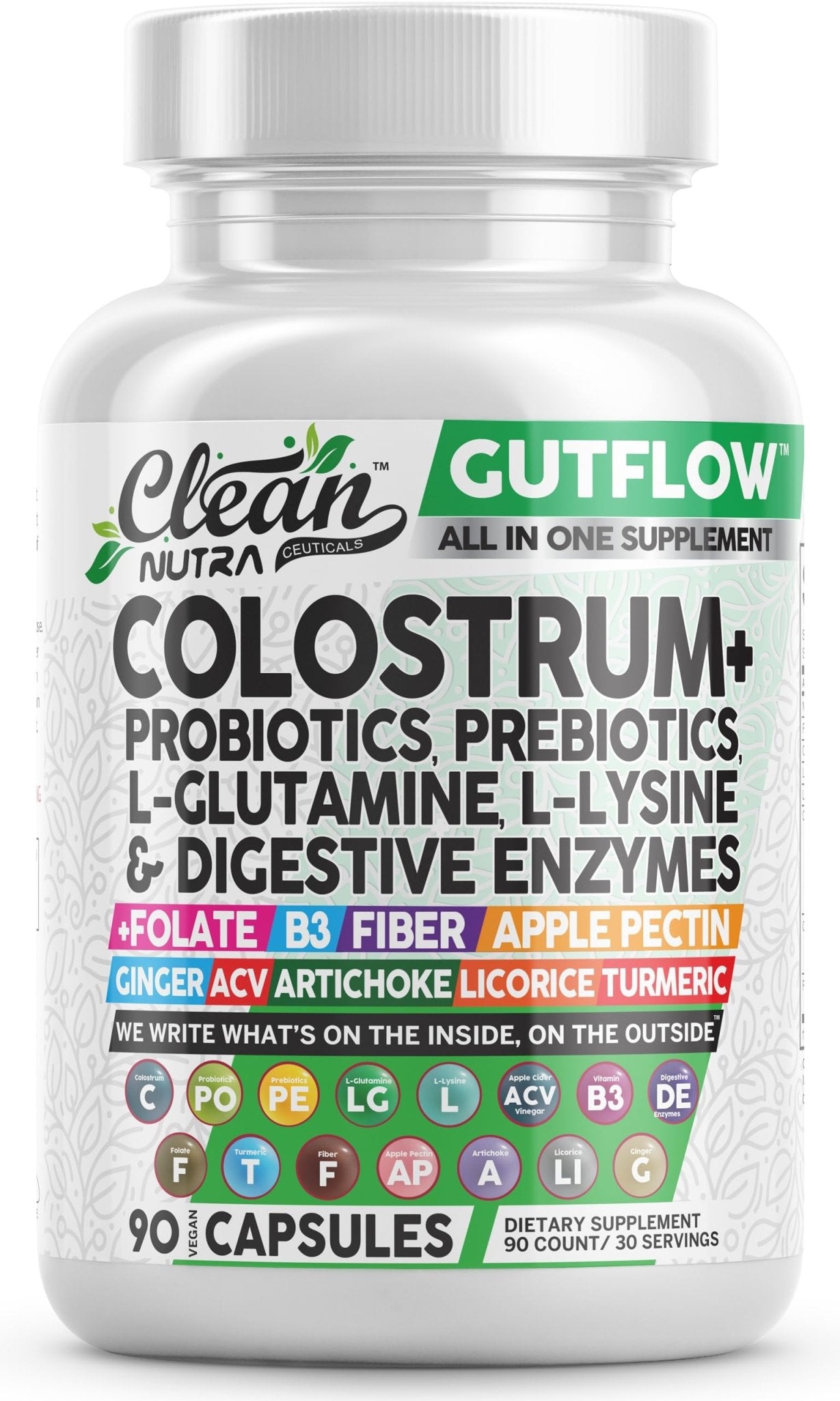 Clean Nutraceuticals Colostrum Supplement Capsules Probiotics Pills Prebiotics, L-Glutamine, Digestive Enzymes, Folate, Fiber, ACV, Turmeric, Apple Pectin and Turmeric Pills - Maple Wellness Supplements