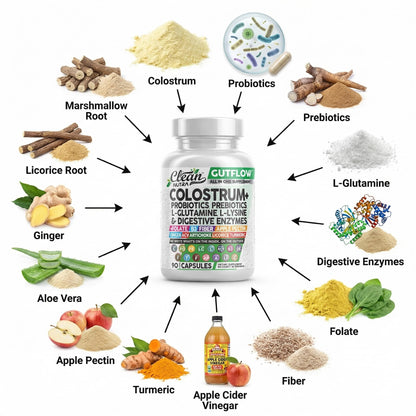 Clean Nutraceuticals Colostrum Supplement Capsules Probiotics Pills Prebiotics, L-Glutamine, Digestive Enzymes, Folate, Fiber, ACV, Turmeric, Apple Pectin and Turmeric Pills - Maple Wellness Supplements