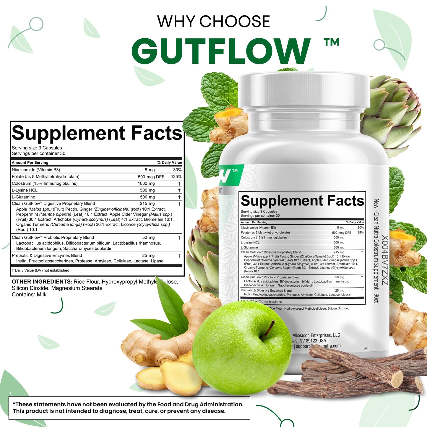 Clean Nutraceuticals Colostrum Supplement Capsules Probiotics Pills Prebiotics, L-Glutamine, Digestive Enzymes, Folate, Fiber, ACV, Turmeric, Apple Pectin and Turmeric Pills - Maple Wellness Supplements