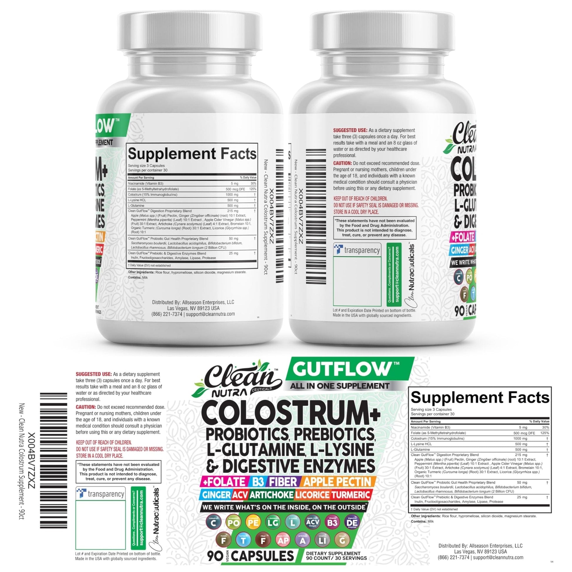 Clean Nutraceuticals Colostrum Supplement Capsules Probiotics Pills Prebiotics, L-Glutamine, Digestive Enzymes, Folate, Fiber, ACV, Turmeric, Apple Pectin and Turmeric Pills - Maple Wellness Supplements