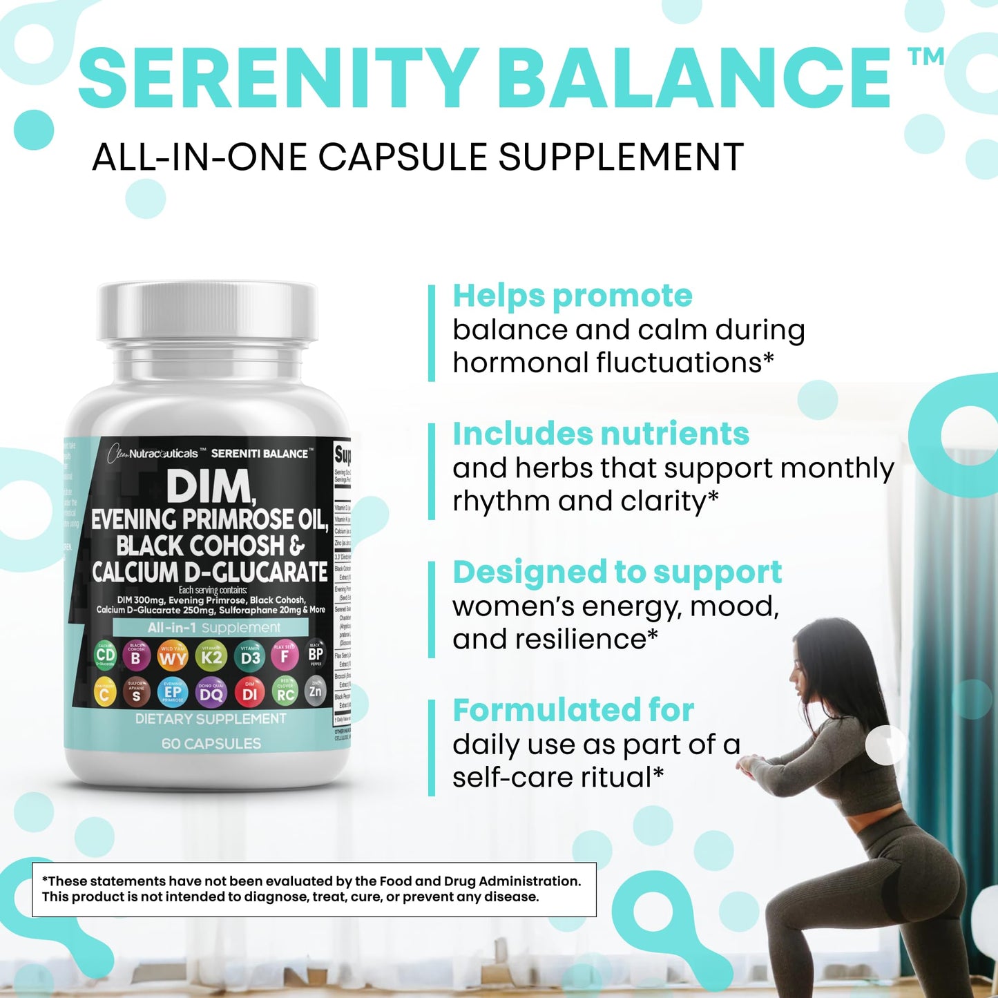 Clean Nutraceuticals DIM Evening Primrose Black Cohosh Calcium D-Glucarate Sulforaphane Flax Seed Extract - Hormonal Support Vitamins for Women with Dong Quai - 60 Caps - Maple Wellness Supplements