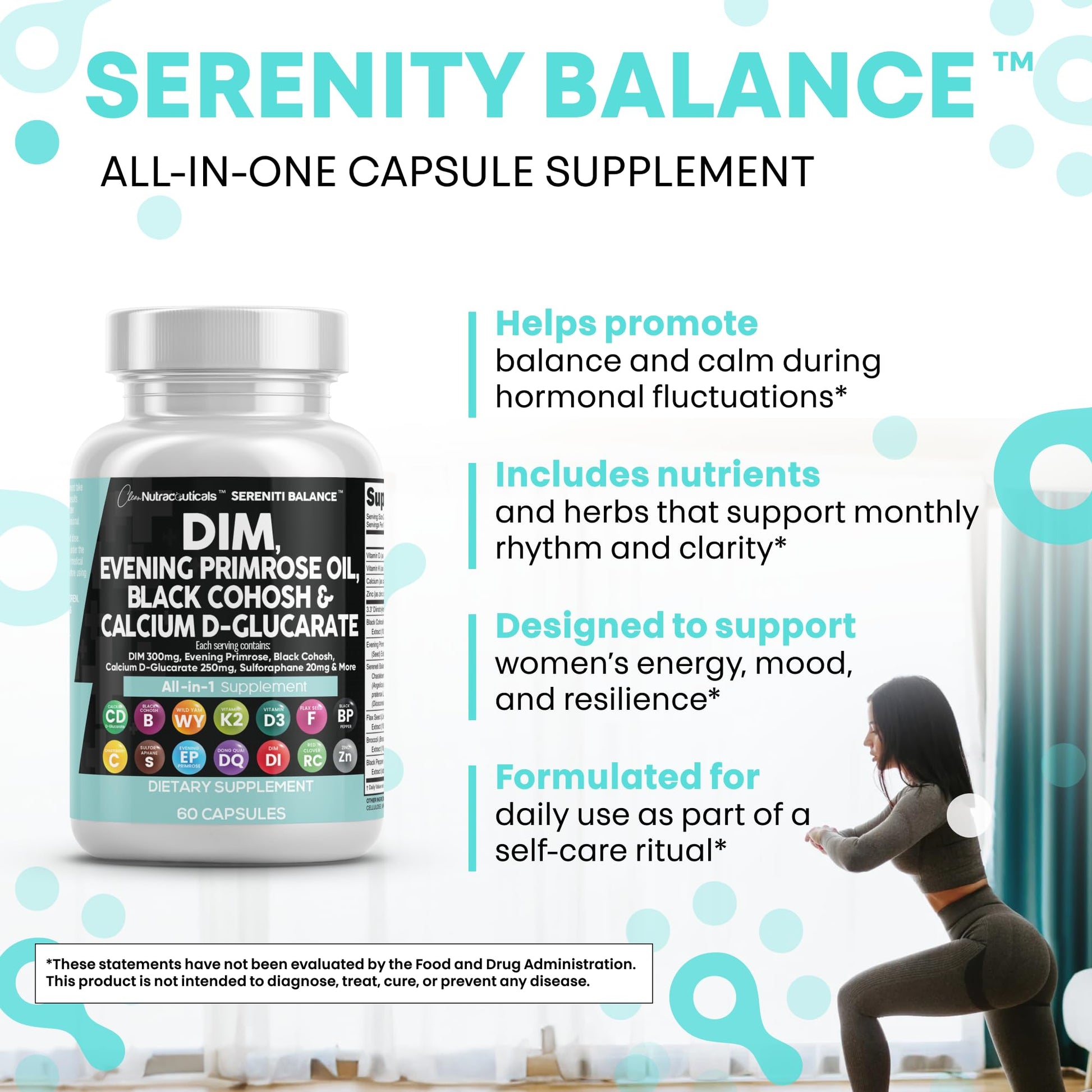 Clean Nutraceuticals DIM Evening Primrose Black Cohosh Calcium D-Glucarate Sulforaphane Flax Seed Extract - Hormonal Support Vitamins for Women with Dong Quai - 60 Caps - Maple Wellness Supplements