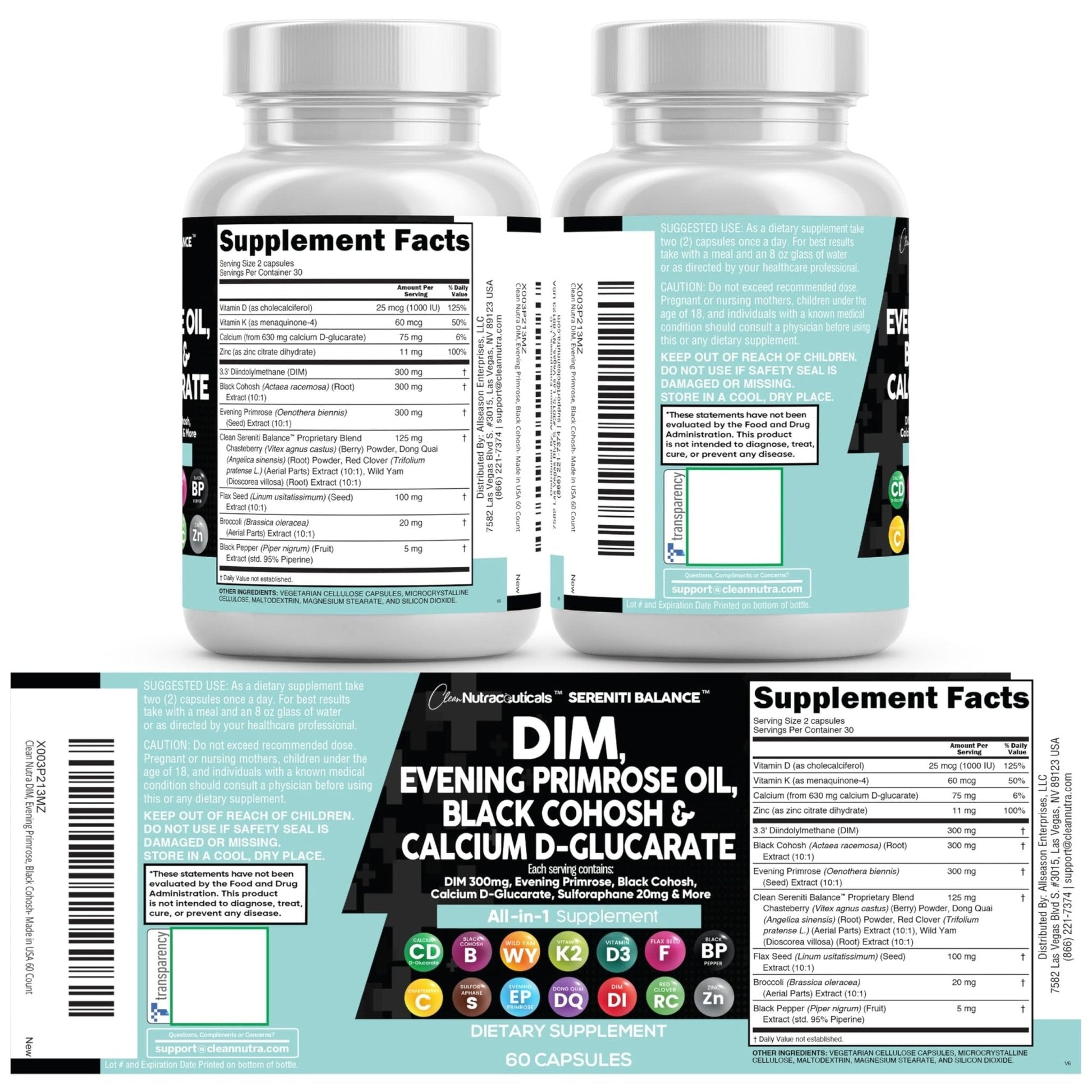 Clean Nutraceuticals DIM Evening Primrose Black Cohosh Calcium D-Glucarate Sulforaphane Flax Seed Extract - Hormonal Support Vitamins for Women with Dong Quai - 60 Caps - Maple Wellness Supplements