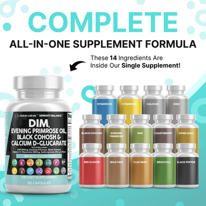 Clean Nutraceuticals DIM Evening Primrose Black Cohosh Calcium D-Glucarate Sulforaphane Flax Seed Extract - Hormonal Support Vitamins for Women with Dong Quai - 60 Caps - Maple Wellness Supplements