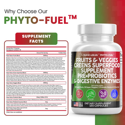 Clean Nutraceuticals Fruits and Veggies Supplement Reds & Green Superfood - Balance of Over 70 Fruit & Vegetable Supplements Capsules with Probiotics Prebiotics - Maple Wellness Supplements
