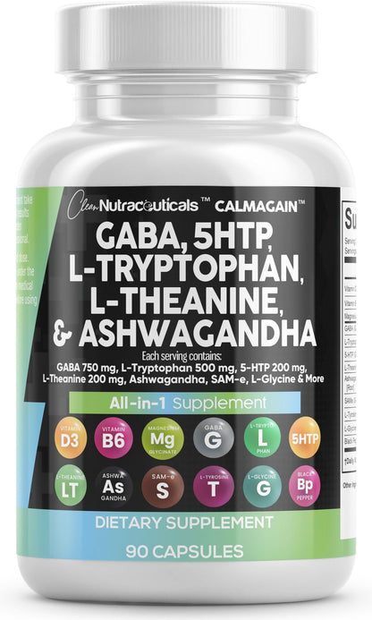Clean Nutraceuticals GABA 750mg 5 HTP 200mg L Tryptophan 500mg L Theanine 200mg Ashwagandha SAM-e L-Glycine - Mood Support Vitamins for Women and Men with L-Tyrosine 5-HTP - Maple Wellness Supplements
