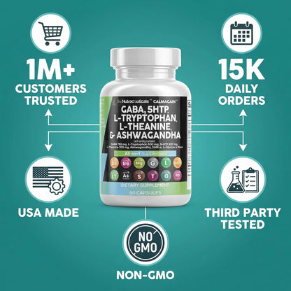 Clean Nutraceuticals GABA 750mg 5 HTP 200mg L Tryptophan 500mg L Theanine 200mg Ashwagandha SAM-e L-Glycine - Mood Support Vitamins for Women and Men with L-Tyrosine 5-HTP - Maple Wellness Supplements