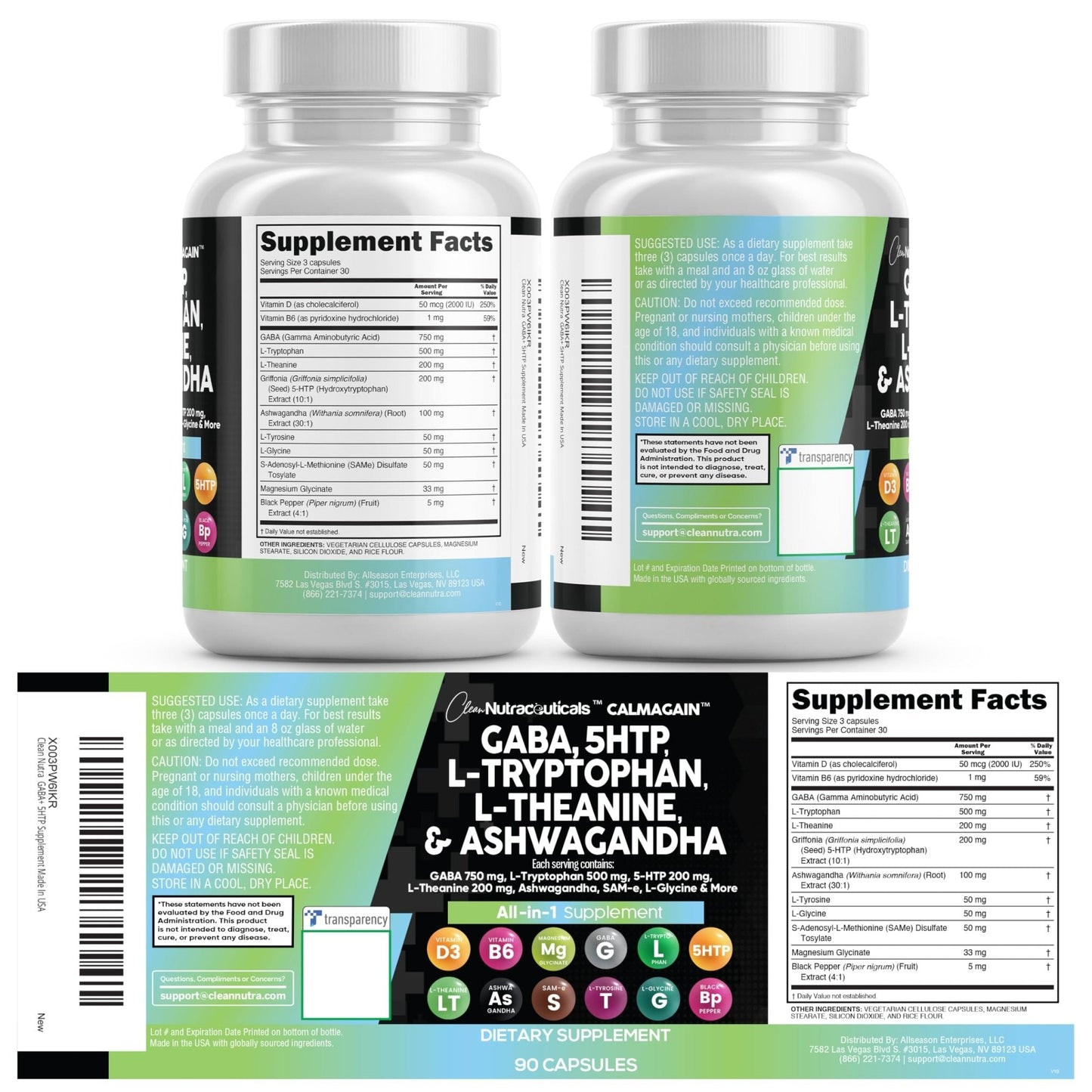 Clean Nutraceuticals GABA 750mg 5 HTP 200mg L Tryptophan 500mg L Theanine 200mg Ashwagandha SAM-e L-Glycine - Mood Support Vitamins for Women and Men with L-Tyrosine 5-HTP - Maple Wellness Supplements