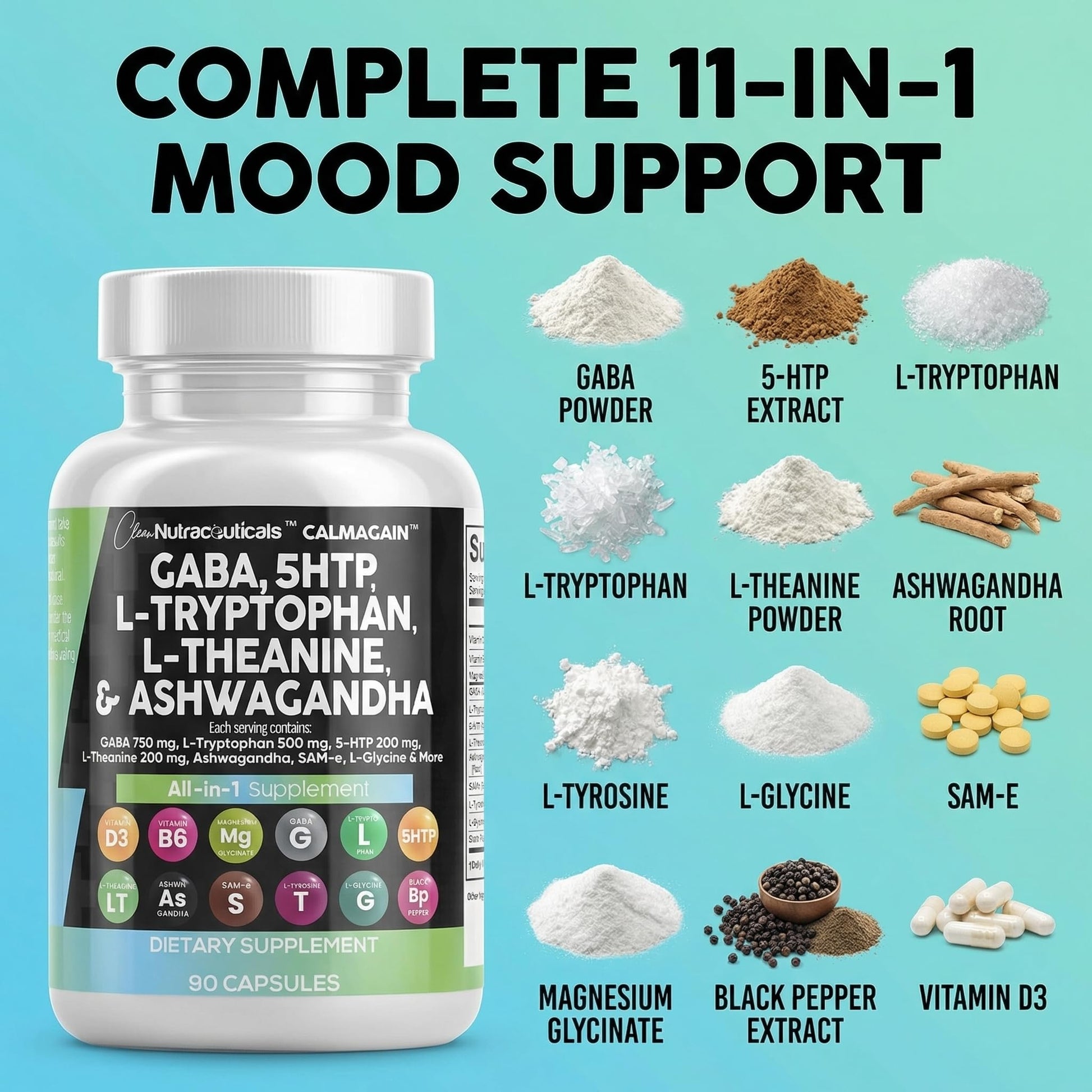Clean Nutraceuticals GABA 750mg 5 HTP 200mg L Tryptophan 500mg L Theanine 200mg Ashwagandha SAM-e L-Glycine - Mood Support Vitamins for Women and Men with L-Tyrosine 5-HTP - Maple Wellness Supplements