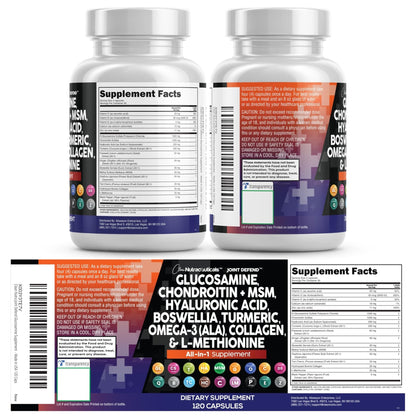 Clean Nutraceuticals Glucosamine 1500mg Chondroitin 1200mg MSM with Turmeric Curcumin, Collagen, Hyaluronic Acid, Omega 3 – Joint Health Supplement for Men & Women - Maple Wellness Supplements