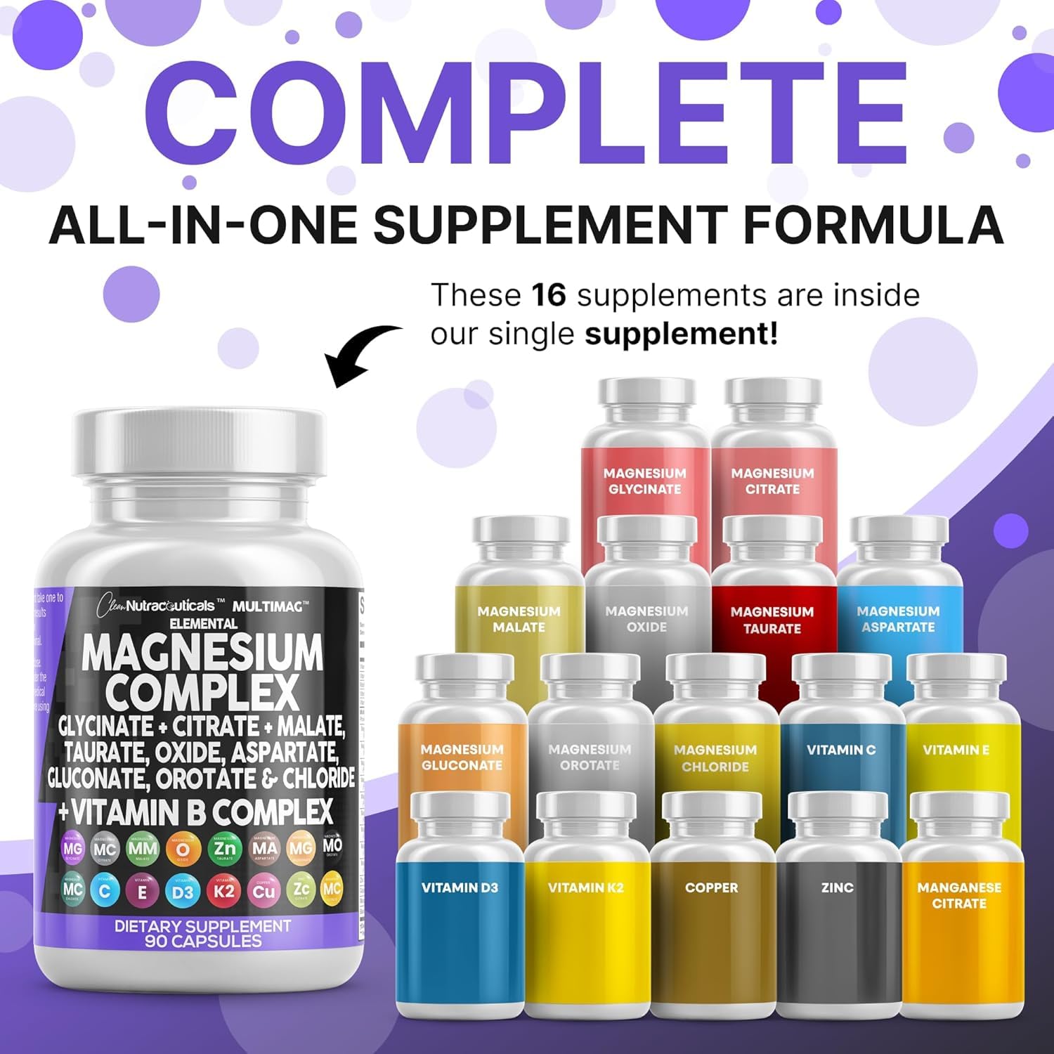 Clean Nutraceuticals Magnesium Complex with Magnesium Glycinate Citrate Malate Oxide Taurate Aspartate Orotate & Mag Chloride, Zinc Copper Manganese (90 Count (Pack of 2)) - Maple Wellness Supplements