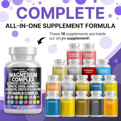 Clean Nutraceuticals Magnesium Complex with Magnesium Glycinate Citrate Malate Oxide Taurate Aspartate Orotate & Mag Chloride, Zinc Copper Manganese (90 Count (Pack of 2)) - Maple Wellness Supplements